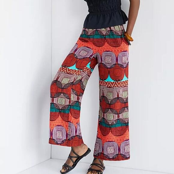 Maeve Anthropologie Ethnic Print Pull On Pants XS Maroon Purple Teal Wide Leg‎ - Picture 1 of 11